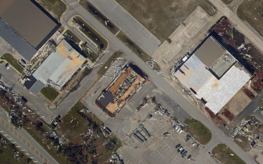 A roof damaged by Hurricane Michael is shown in this National Oceanic and Atmospheric Administration image.