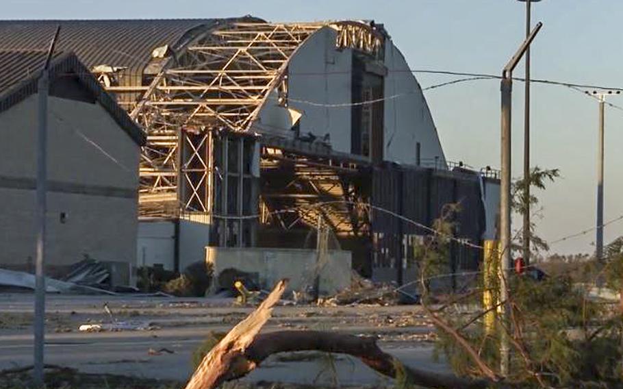 A video screen grab shows damage at Tyndall Air Force Base following Hurricane Michael.