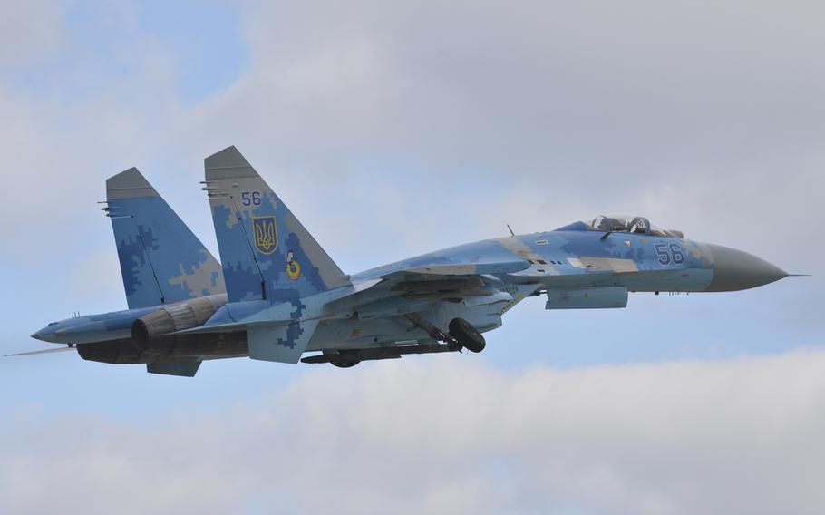 A Sukhoi Su-27 takes off from Starokostiantyniv Air Base, Ukraine, Oct. 9, 2018 as part of the Clear Sky 2018 exercise.

