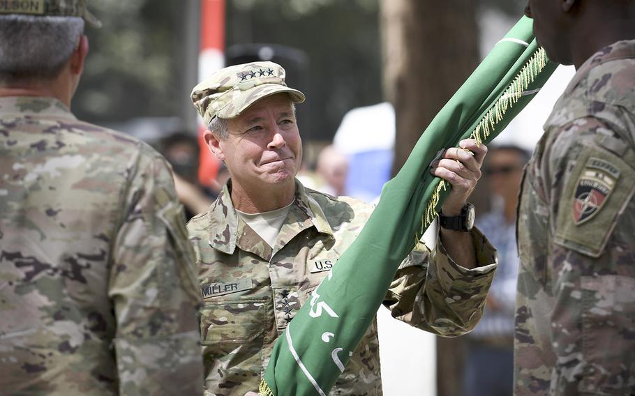 Gen. Austin Scott Miller assumes command of NATO forces in Afghanistan in a ceremony Sept. 2, 2018, in Kabul. Miller was the target of a Taliban attack on Thursday, Oct. 18, that killed an Afghan general and a local intelligence chief in Kandahar province. Miller was "uninjured," according to military officials.
