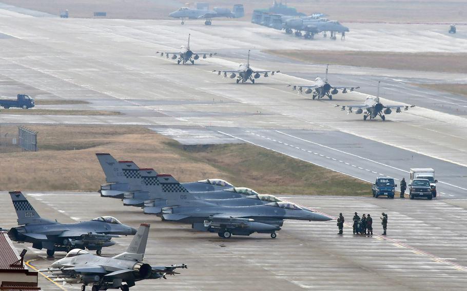 F-16 Fighting Falcon fighter aircraft take part in Exercise VIGILANT ACE 18 at Osan Air Base, Republic of Korea, on Dec. 3, 2017. U.S. and South Korean officials announced on Friday, Oct. 19, 2018, that the annual exercise has been canceled for 2018.