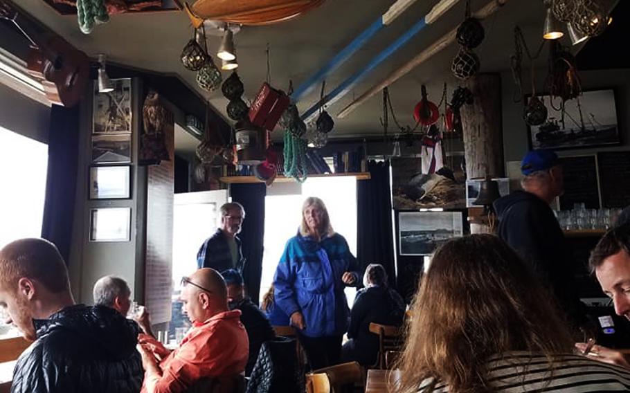 Inside a bar and restaurant along Iceland's coast, just outside of Reykjavik. 
