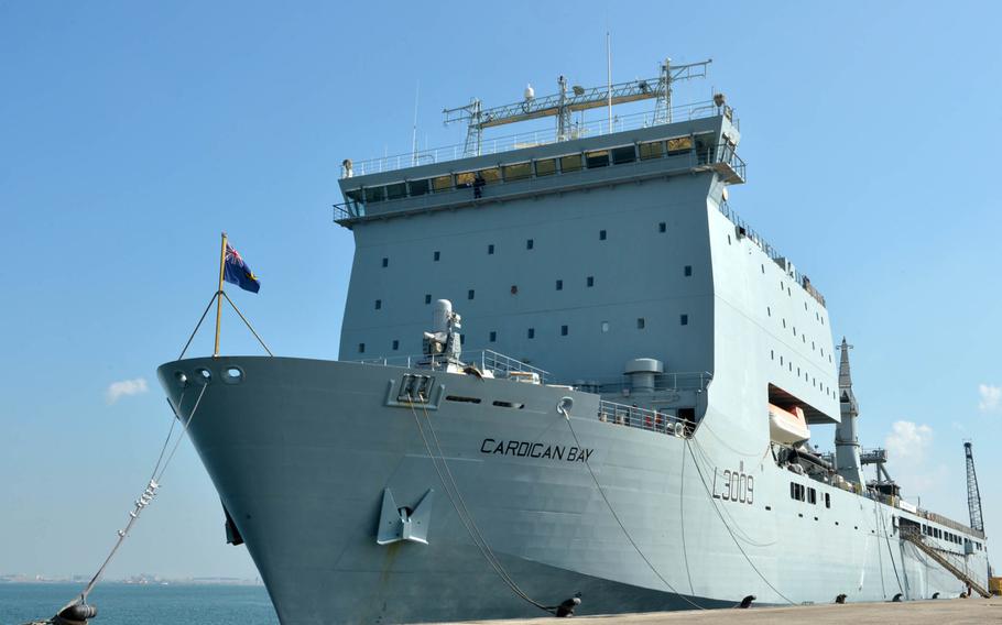 British Royal Fleet Auxiliary ship RFA Cardigan Bay sits pierside at U.K. Naval Support Facility Bahrain on Nov. 26, 2018.

