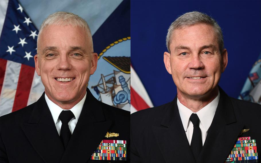 Vice Adm. Jim Malloy, left, the deputy chief of naval operations for operations, is slated to take command this week of U.S. Naval Forces Central Command and the 5th Fleet in the wake of the sudden death of the previous commander Vice Adm. Scott Stearney.