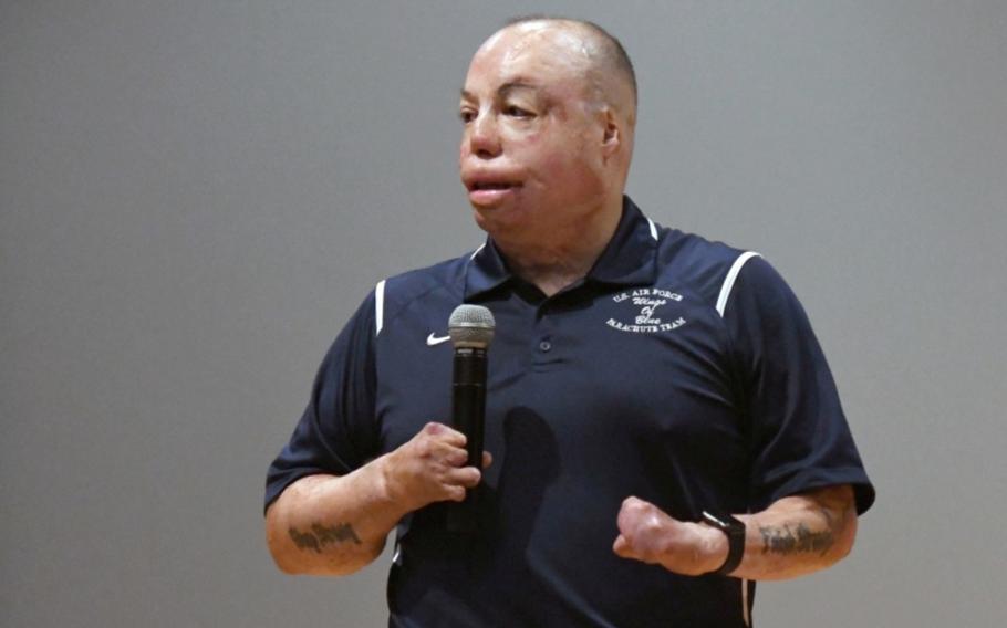 Senior Master Sgt. Israel Del Toro, shown here during a speaking engagement at Keesler Air Force Base, recently appeared in an episode of a Netflix comedy special. 