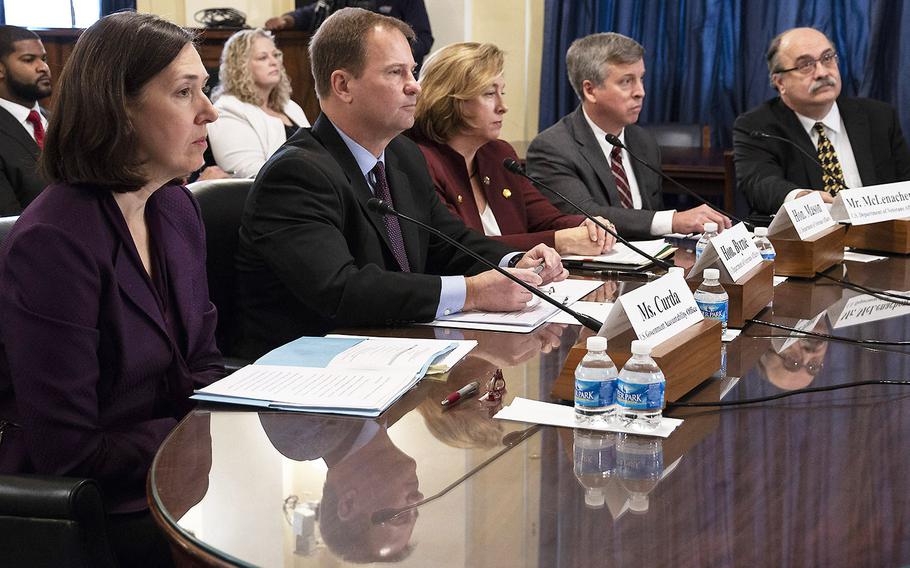 From left to right, Elizabeth H. Curda, director of the GAO's education, workforce and income security team; VA Acting Deputy Secretary James Byrne; Cheryl L. Mason, chairman of the VA's Board of Veterans' Appeals; David R. McLenachen, director of the Veterans Benefits Administration's Appeals Management Office; and Lloyd Thrower, deputy chief information officer of the VA's Office of Information and Technology listen during a House Veterans' Affairs subcommittee hearing on appeals reform, Dec. 12, 2018 on Capitol Hill.