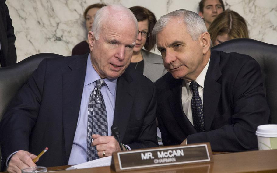 House Armed Services Committee Chairman John McCain, R-Ariz., and Ranking Member Jack Reed, D-R.I., talk before a hearing in July, 2015,
