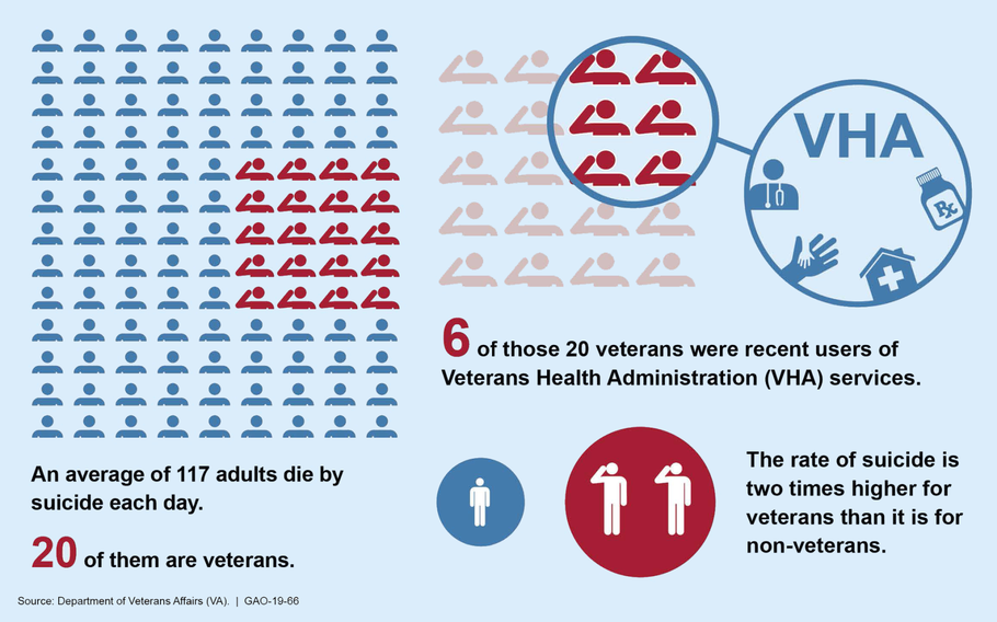 The Government Accountability Office reported Monday, Dec. 17, 2018, that the Department of Veterans Affairs spent only $1.5 million on suicide prevention programs. The department was alloted $6.2 million for such programs. 