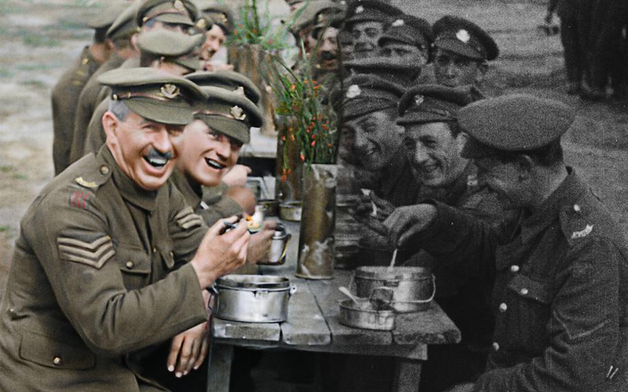 An image comparing a black and white World War I photo with the version colorized with advanced techniques used in the making of the expansive documentary "They Shall Not Grow Old." 
