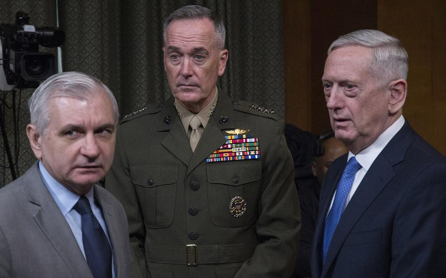 Senate Armed Services Committee Ranking Member Jack Reed, D-R.I., Joint Chiefs of Staff Chairman Gen. Joseph Dunford and Defense Secretary Jim Mattis, before a hearing in March, 2017.