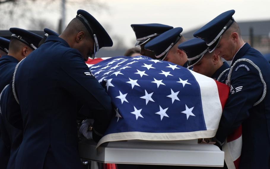 The U.S. Air Force Honor Guard performs full military honors during the funeral of Marcelite Harris at Arlington National Cemetery, Arlington, Virginia, Feb. 7, 2019. 