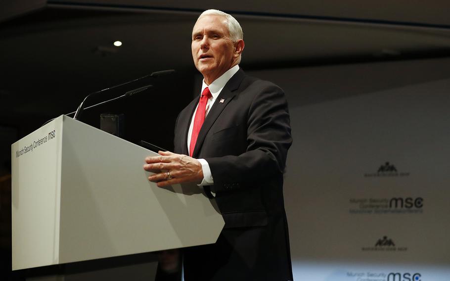 Vice President Mike Pence delivers his speech during the Munich Security Conference in Munich, Germany, Saturday, Feb. 16, 2019. 