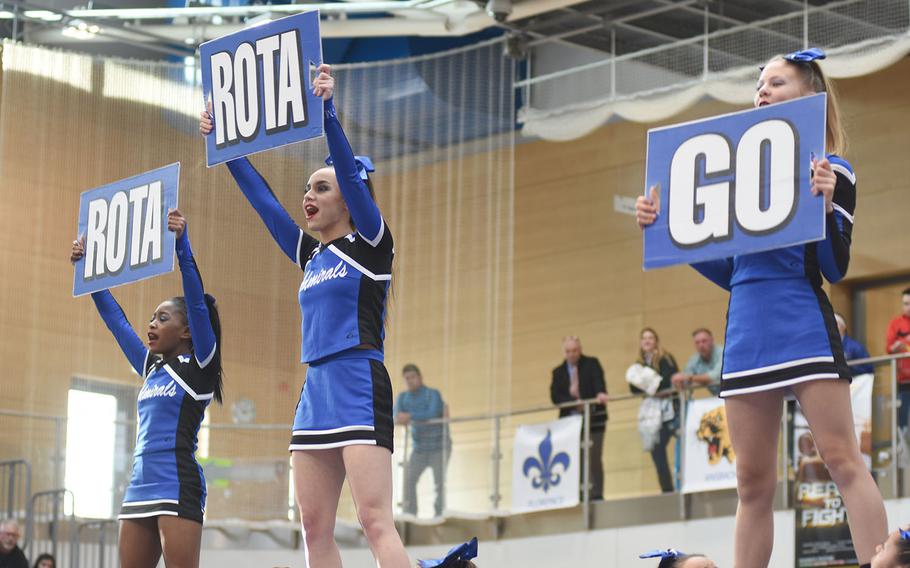 ROTA shows off its winning Division II routine at the DODEA-Europe cheerleading championships on Saturday, Feb. 23, 2019, in Wiesbaden, Germany.