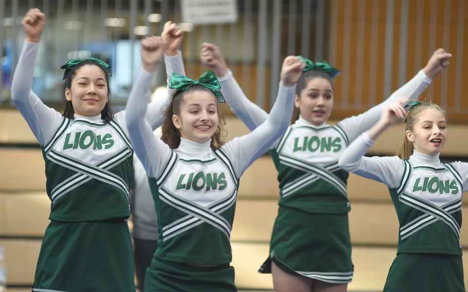 Members of AFNORTH's cheer squad compete at the DODEA-Europe cheerleading championships on Saturday, Feb. 23, 2019, in Wiesbaden, Germany.