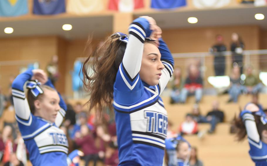Hohenfels' senior Hailee Mezzacapo works a cheer move with her team during the DODEA Europe cheerleading championships on Saturday, Feb. 23, 2019, in Wiesbaden, Germany. Hohenfels finished third in Division III.