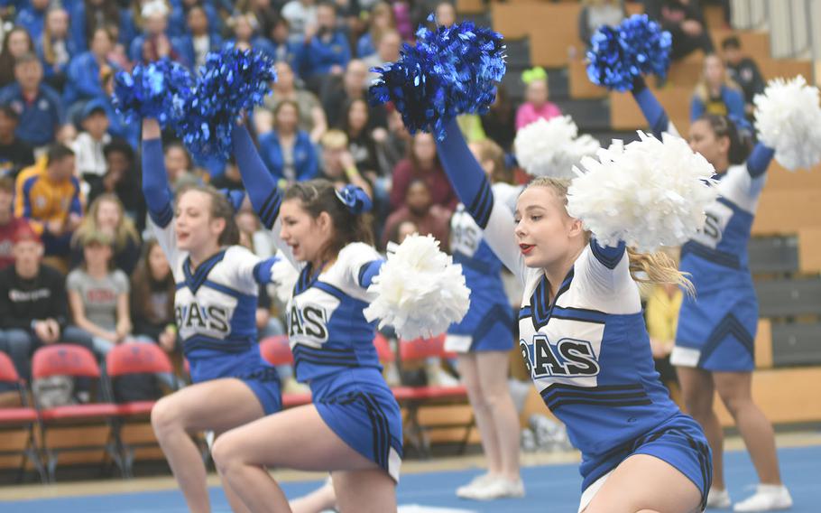 Brussels' cheer squad members compete at the DODEA cheerleading championships on Saturday, Feb. 23, 2019, in Wiesbaden, Germany.