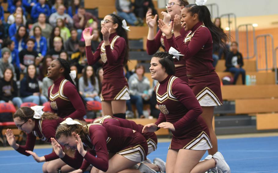Baumholder's cheer team competed in Division III at the DODEA-Europe cheerleading championships on Saturday, Feb. 23, 2019, in Wiesbaden, Germany.