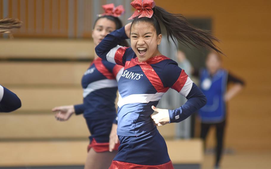 Aviano's Alyza Ablang shows some spunk during the DODEA-Europe cheerleading championships on Saturday, Feb. 23, 2019, in Wiesbaden, Germany. Aviano was second in Division 11.