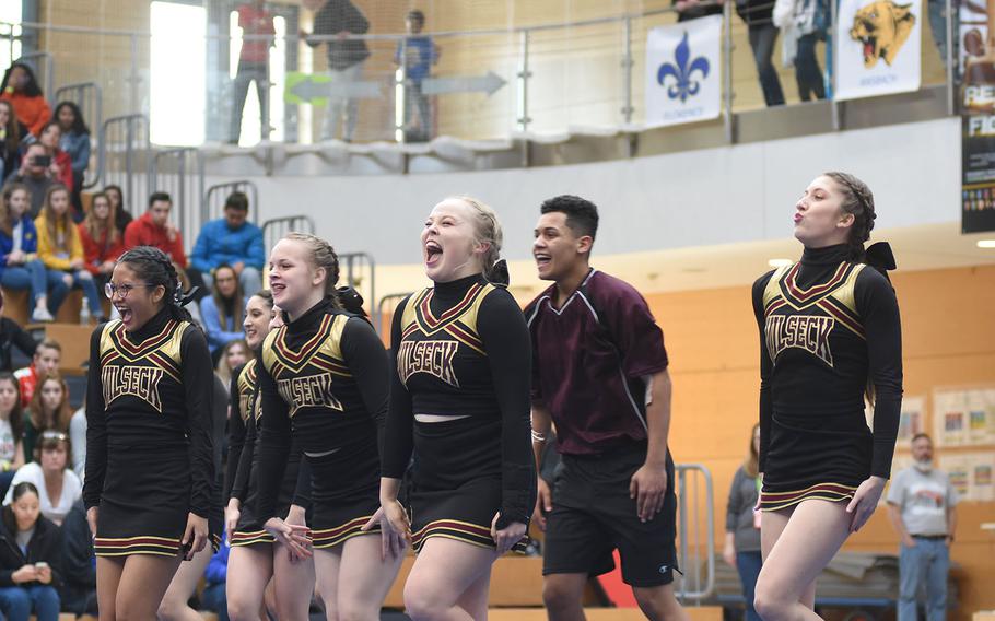 Vilseck's cheer squad put on an animated performance at the DODEA-Europe cheerleading championships on Saturday, Feb. 23, 2019, in Wiesbaden, Germany.