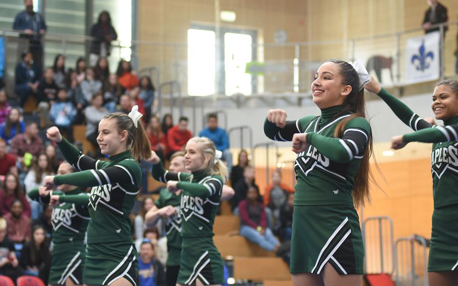 Naples competed as a Division I team at the DODEA-Europe cheerleading championships on Saturday, Feb. 23, 2019, in Wiesbaden, Germany.