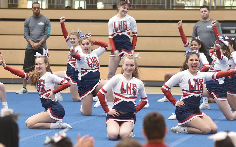 Lakenheath cheerleaders show a lot of facial expression during their performance at the DODEA-Europe cheerleading championships on Saturday, Feb. 23, 2019, in Wiesbaden, Germany.

