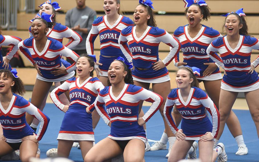Ramstein cheerleaders shout out during their routine at the DODEA-Europe cheerleading championships on Saturday, Feb. 23, 2019, in Wiesbaden, Germany. The Royals placed third in Division I.

