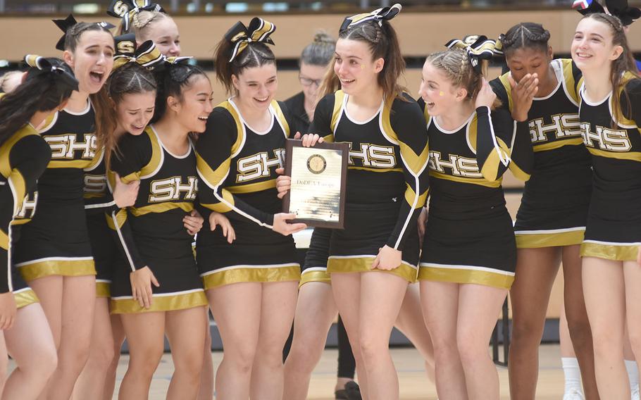 Stuttgart cheerleaders celebrate their Division I win at the DODEA-Europe cheerleading championships on Saturday, Feb. 23, 2019, in Wiesbaden, Germany.
