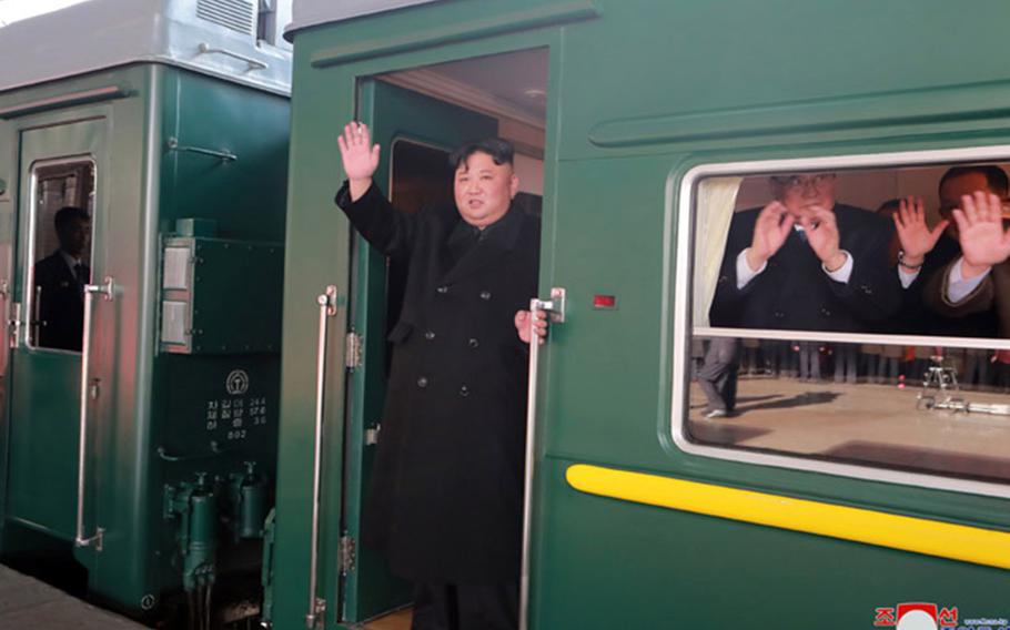 North Korean leader Kim Jong Un boards a train to Vietnam on Saturday, Feb. 23, 2019. 
