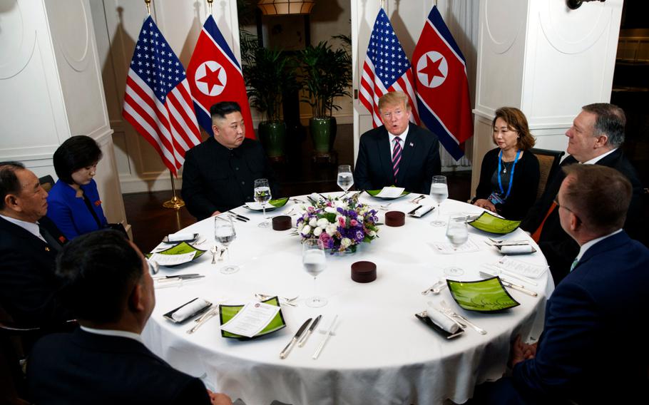 President Donald Trump speaks during a dinner with North Korean leader Kim Jong Un, Wednesday, Feb. 27, 2019, in Hanoi. 