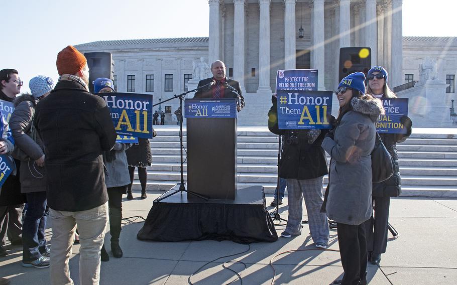 Military Religious Freedom Foundation president Mikey Weinstein speaks at a rally in opposition to the Bladensburg Cross memorial in Maryland, Feb. 27, 2018 outside the Supreme Court.