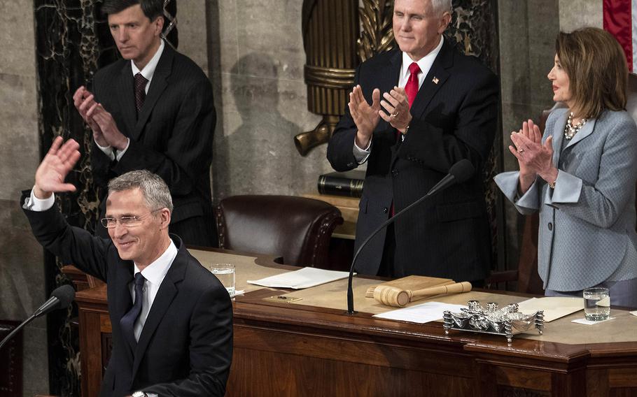 Vice President Mike Pence and House Speaker Nancy Pelosi applaud as NATO Secretary General Jens Stoltenberg acknowledges the cheers during a joint session of Congress at the U.S. Capitol, April 3, 2019.
