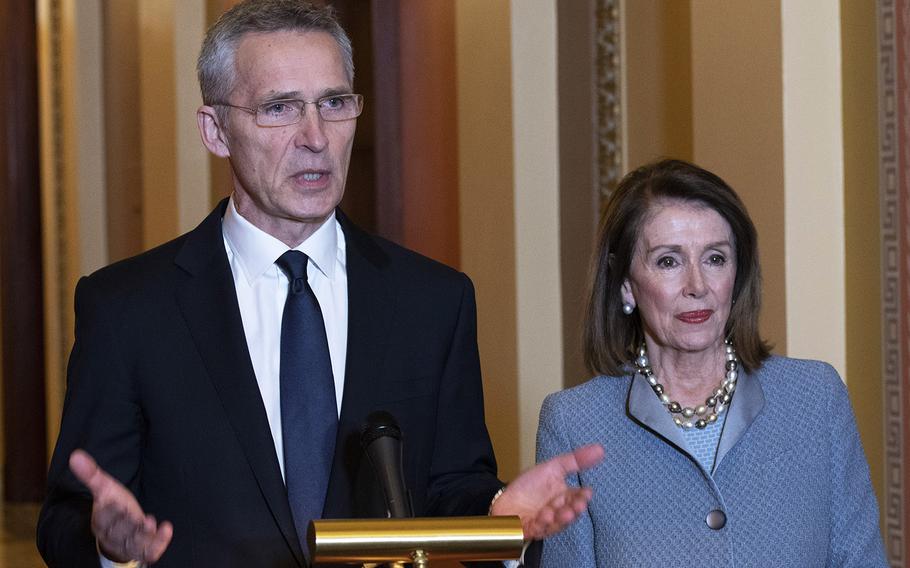 NATO Secretary General Jens Stoltenberg speaks during a photo opportunity with House Speaker Nancy Pelosi before he addressed a joint session of Congress at the U.S. Capitol, April 3, 2019.