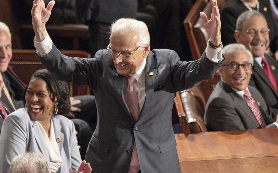 Rep. Bill Pascrell, D-N.J., stands up and takes a bow after NATO Secretary General Jens Stoltenberg mentioned in his address to a joint session of Congress that his mother was born in Pascrell's hometown of Paterson, N.J.