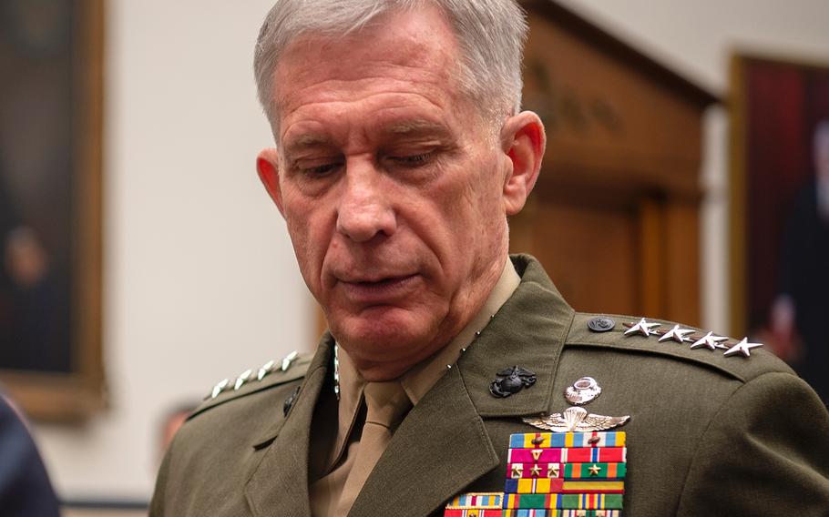 Commander of the U.S. Africa Command Gen. Thomas Waldhauser arrives for the start of a House Armed Services Committee hearing on Capitol Hill in Washington on March 7, 2019. After the hearing in which questions arose over U.S. military airstrikes in Somalia, Waldhauser ordered an in-depth review to determine if civilians had been killed in the airstrikes.