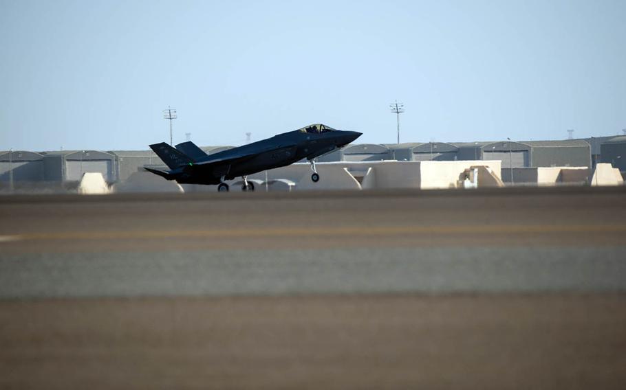 An F-35A Lightning II is pictured at Al Dhafra Air Base, United Arab Emirates, April 15, 2019. 

