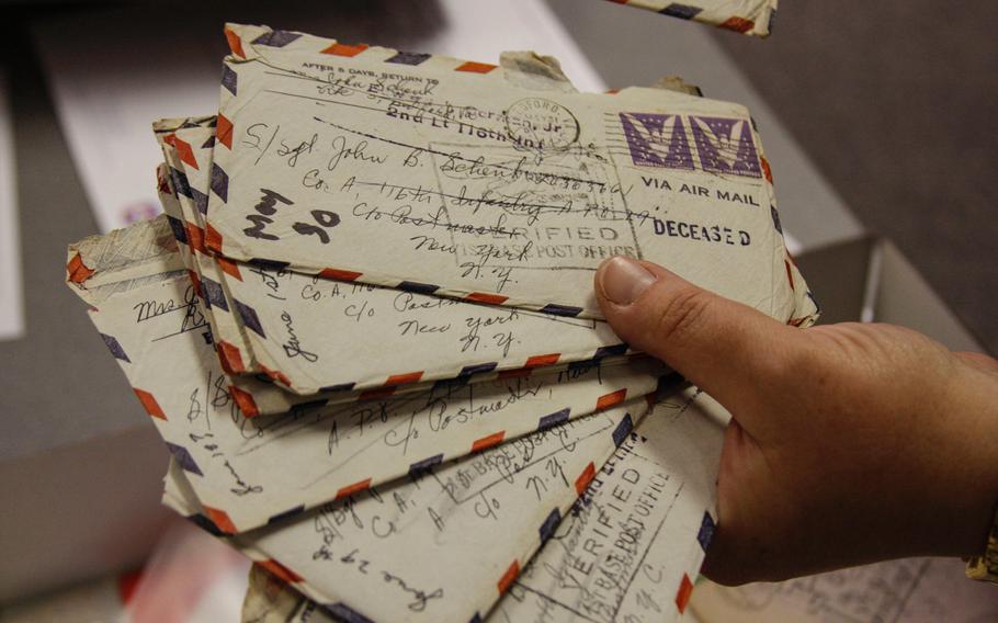 Among the items in the collection of the National D-Day Memorial in Bedford, Va., are letters mailed to Staff Sgt. John Schenk, who was was killed in the D-Day invasion. They were returned marked "deceased." Joe Gromelski/Stars and Stripes

