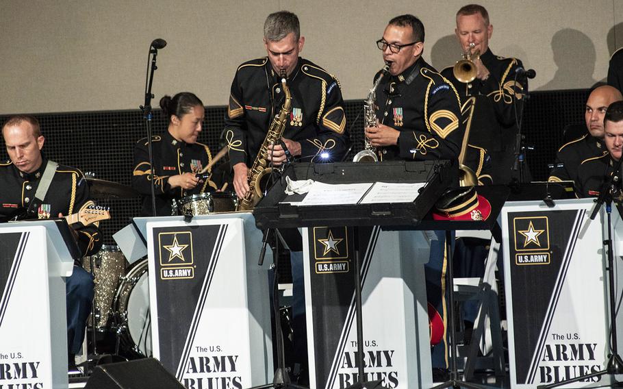 Members of the U.S. Army Blues Jazz Ensemble play at the Twilight Tattoo on June 19 at Joint Base Myer-Henderson in Arlington, Virginia.