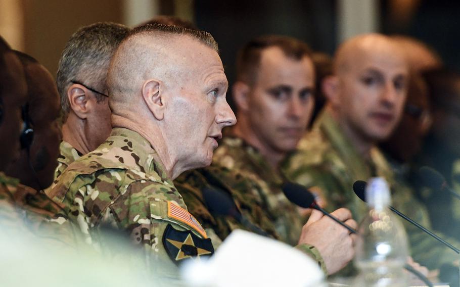 The Pentagon's top enlisted leader, Command Sgt. Maj. John W. Troxell, speaks during a panel discussion at a U.S. Africa Command conference for African senior enlisted leaders at the Edelweiss Lodge and Resort in Garmisch-Partenkirchen, Germany, on Tuesday, August 13, 2019. 


