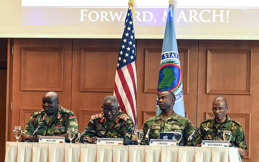 African defense chiefs or their representatives speak about the importance of empowering noncommissioned officers at a conference U.S. Africa Command hosted for African senior enlisted leaders at the Edelweiss Lodge and Resort in Garmisch-Partenkirchen, Germany, on Tuesday, August 13, 2019. From left to right, the officers are Malawi's Gen. Vincent Thom Nundew, Ghana's Lt. Gen. Obed Boamah Akwa, Liberia's Maj. Gen. Prince Charles Johnson III and Botswana's Maj. Gen. Mpho Mophuting.


