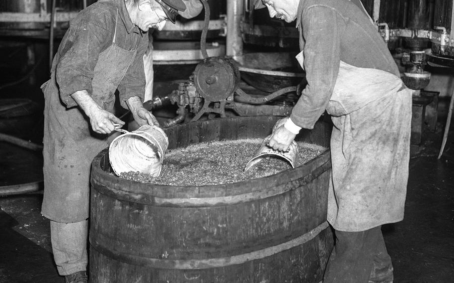 Grapes and juice are ladled from the vat into the large pressing machine, which wrings the remainder of the rich juice from the grapes and pulp. From here the juice goes to large storage vats.