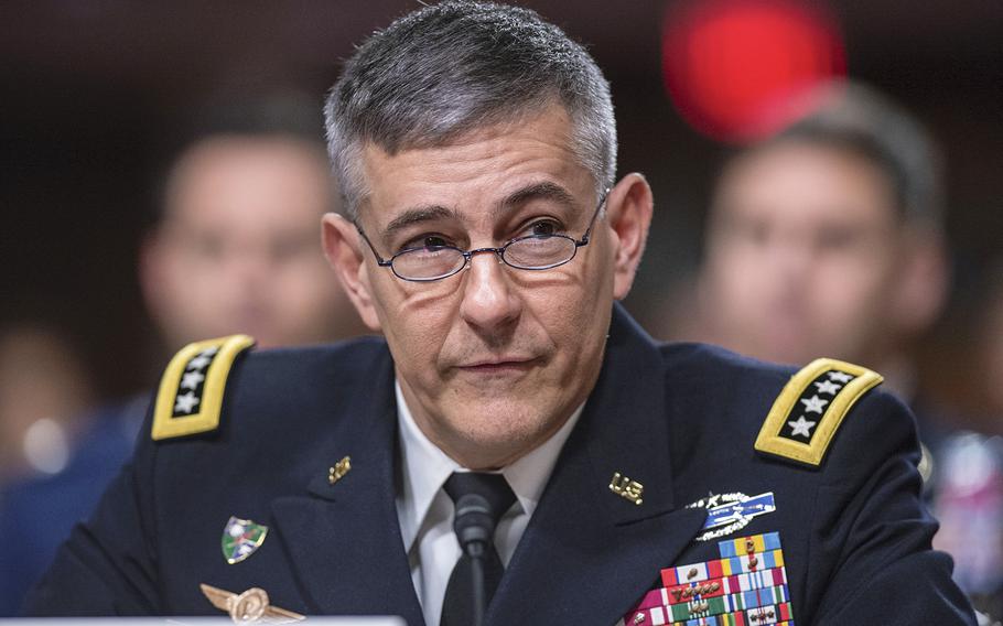 Gen. Stephen J. Townsend, commander of U.S. Africa Command (seen here at a Capitol Hill hearing in April, 2019) says he "isn't buying" that whoever shot down a U.S. drone over Libya last month, using a Russian air defense system, doesn't know where it is. Townsend said Monday, Dec. 9, 2019, the U.S. wants the drone back.
