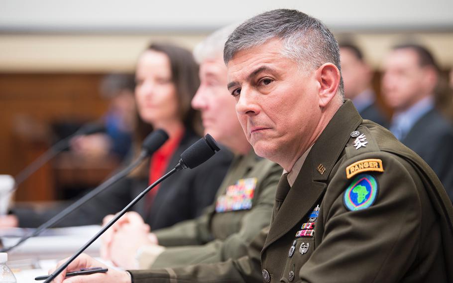 Gen. Stephen Townsend, commander of U.S. Africa Command, testifies during a House Armed Services Committee hearing on Capitol Hill in Washington on Tuesday, March 10, 2020. Also testifying at left are Gen. Kenneth F. McKenzie Jr., commander of U.S. Central Command, and Kathryn Wheelbarger, Principal Deputy Assistant Secretary of Defense for International Security Affairs.