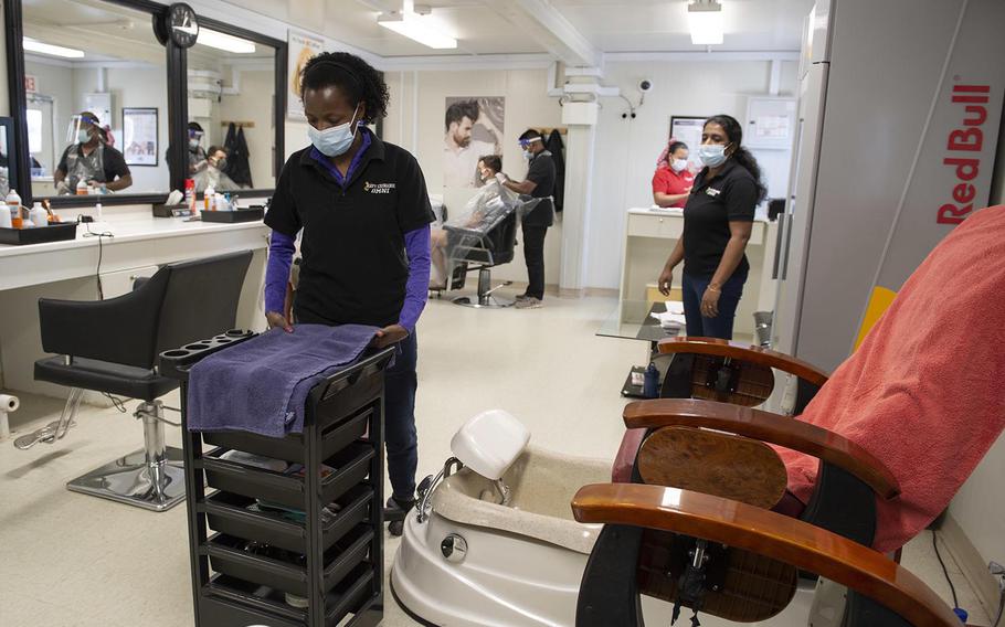 Employees of the beauty salon on Camp Lemonnier, Djibouti, prepare for its upcoming reopening, Sept. 2, 2020. The base is reopening many of the quality of life facilities during the third phase of a unified reopening plan.

