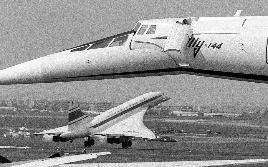 The British-French Concorde prototype is framed by its rival, the Soviet Tu-144, as it takes off from Paris' Le Bourget Airport in June, 1973. Hours later the Tu-144 crashed during its own demonstration flight, killing all six people on board and eight on the ground in a nearby town.