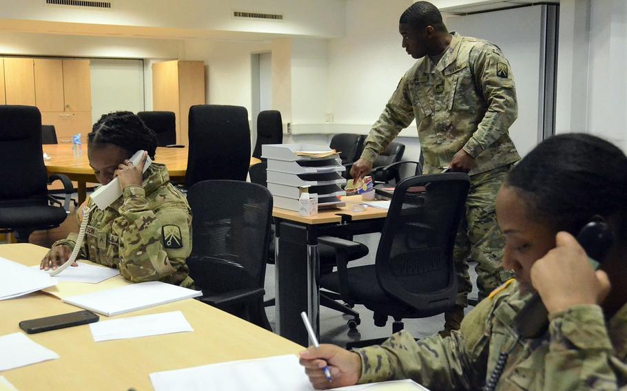 U.S. Army Team Trace members coordinate with their Air Force and host nation counterparts from the team’s operations center in Kaiserslautern, Germany. If a case of COVID-19 is diagnosed, members of Team Trace identify who the infected individual may have been in close contact with in the 48 hours prior to onset of symptoms. 

