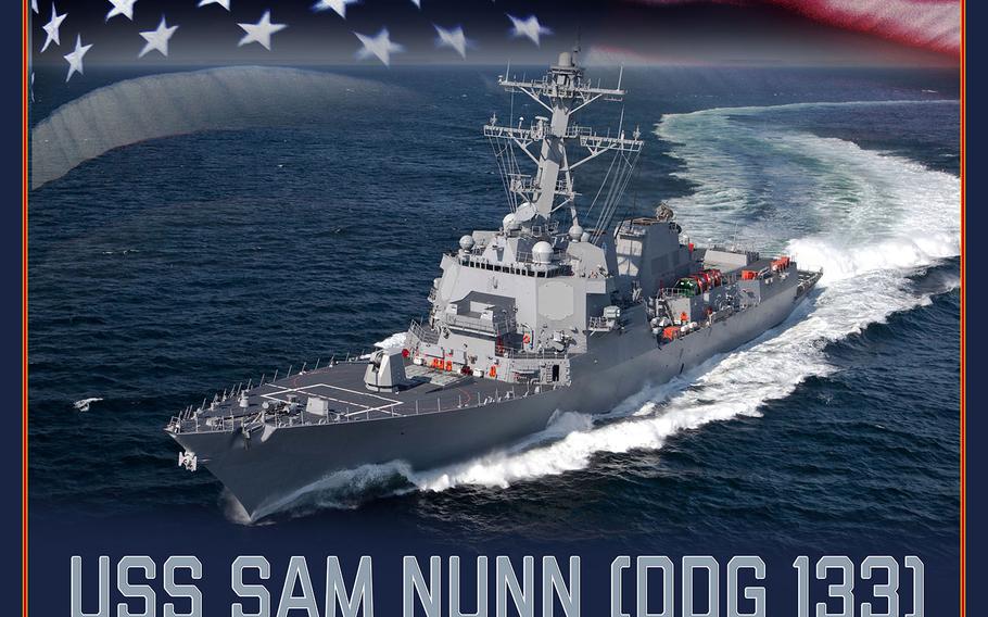 An artist's rendering of the future Arleigh Burke-class guided-missile destroyer USS Sam Nunn (DDG 133). 