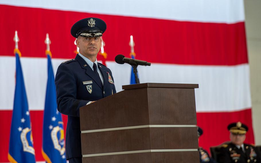 New U.S. Air Forces in Europe and Air Forces Africa Commander Gen. Jeffery L. Harrigian speaks after taking command at a change of command ceremony at Ramstein Air Base, May 1, 2019. 