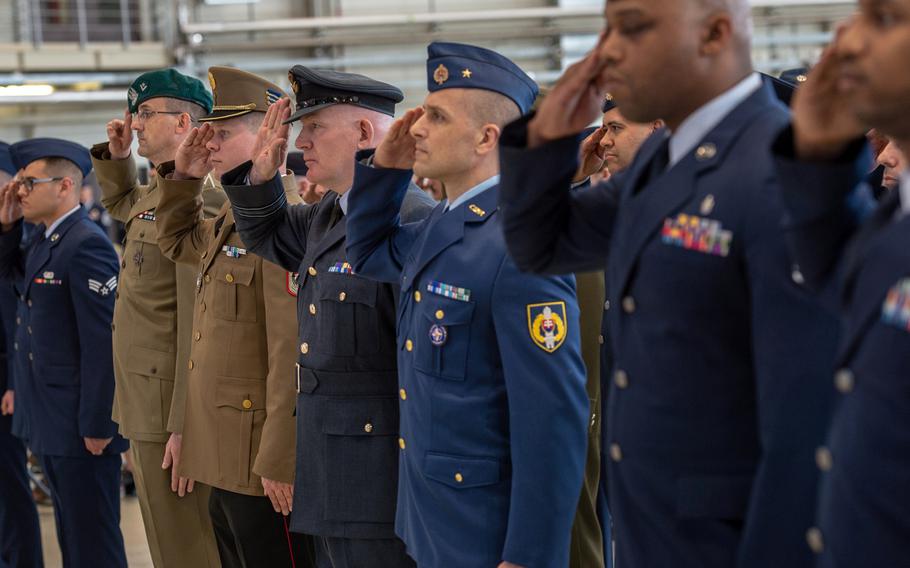 Airmen from services across Europe give a final salute to outgoing U.S. Air Forces in Europe and Air Forces Africa Commander Gen. Tod. D. Wolters at a change of command ceremony at Ramstein Air Base, May 1, 2019. 