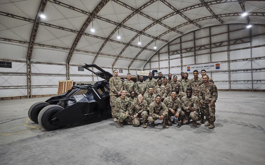 For the first time, the ''Tumbler'' Batmobile was deployed on a special USO Tour to visit U.S. servicemembers at Camp Arifjan in Kuwait on May 30. The 2-ton Tumbler traveled from London to Luxembourg and on to Kuwait in a custom 1.7 ton crate.  
