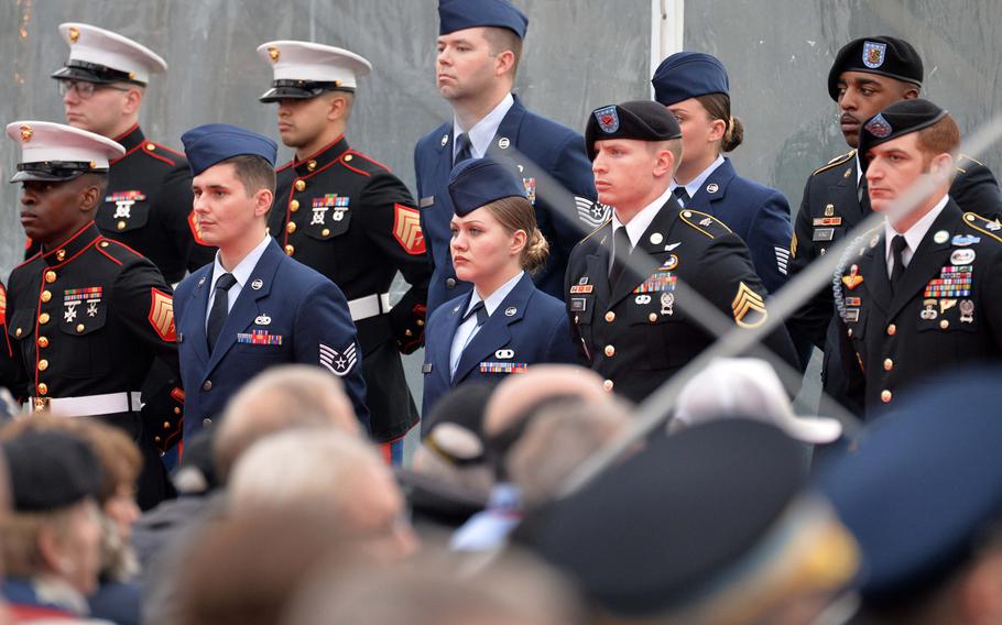 Service members stand in formation as dignitaries prepare to enter at the commemorations at the Luxembourg American Cemetery marking the 75th anniversary of the Battle of the Bulge, Monday, Dec. 16, 2019.









